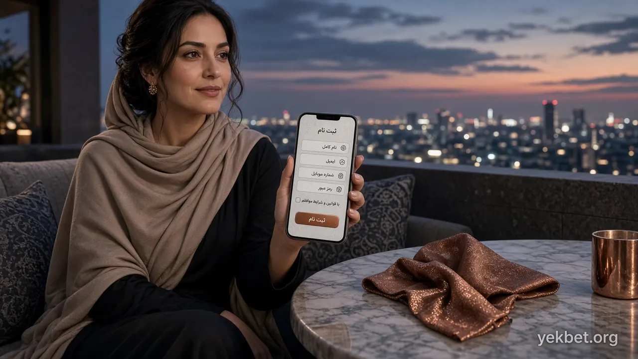 کاربر در حال تکمیل فرم ثبتنام روی موبایل در تراس روفتاپ
